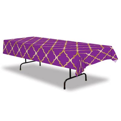 Set of 12 Purple and Gold Lattice Plastic Party Table Cover 9'