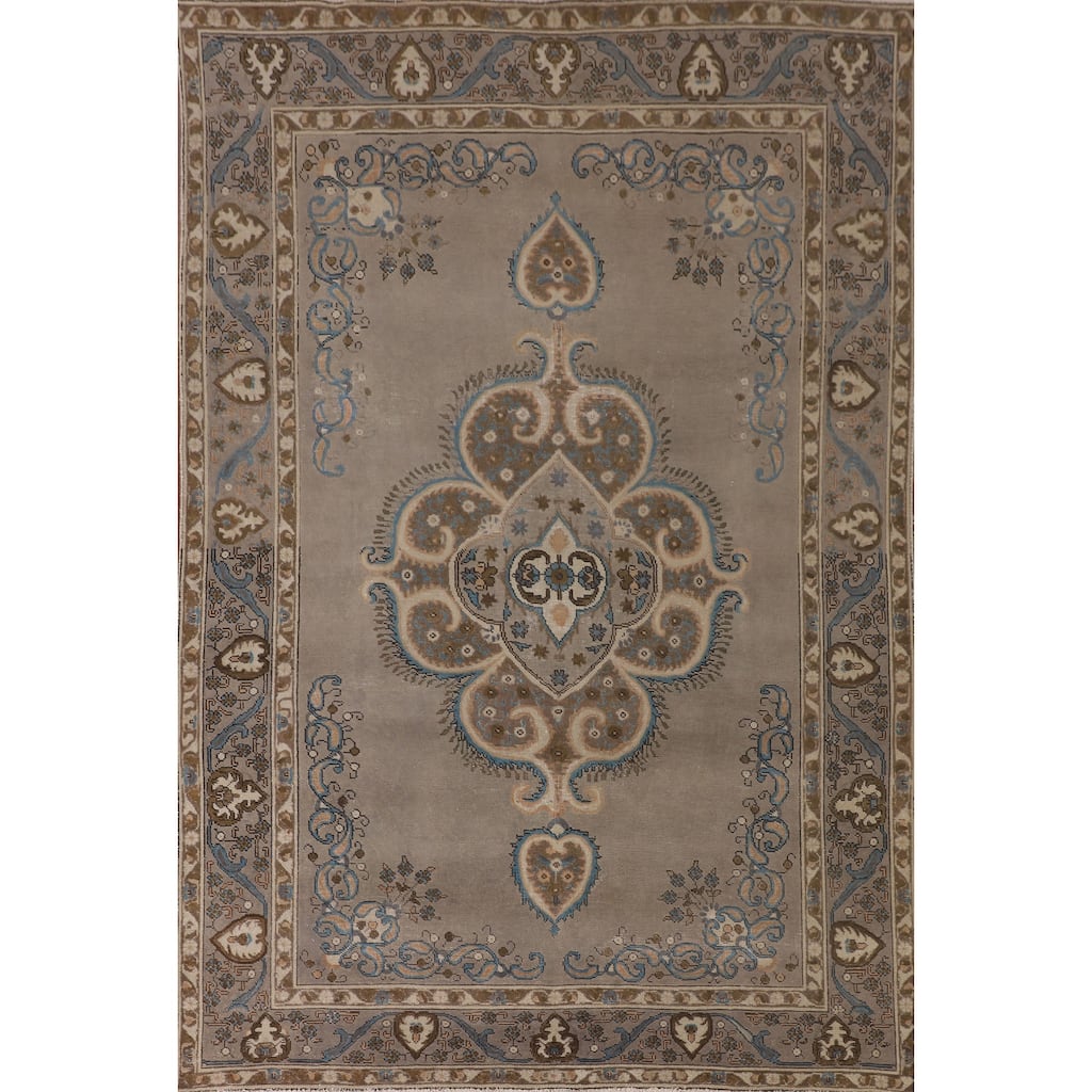 Brown Geometric Tabriz Vintage Rug Hand-Knotted Wool Carpet - 6'5"x 9'4"