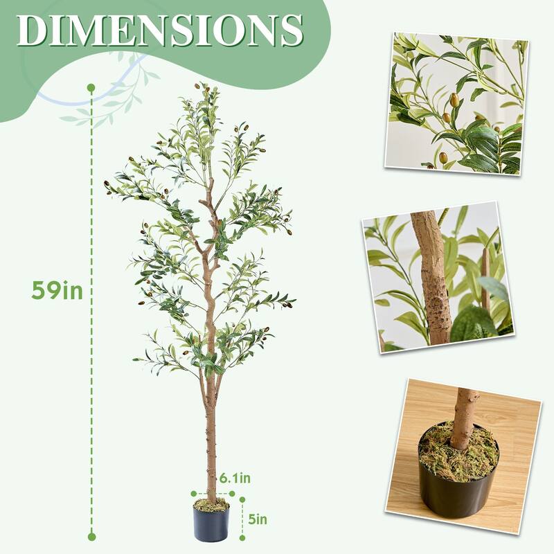 VECELO Set of 2 Artificial Olive Trees Lifelike Silk Leaves with Solid Wood Trunk 59 and 71-inch Tall for Home and Office Decor - 59 Inch