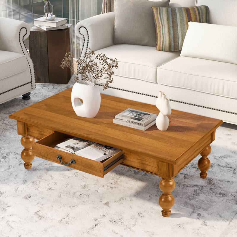 Vintage Cocktail Table Rectangular Wooden Coffee Table with Storage Drawer, Gourd-Shaped Legs and Zinc Alloy Handle