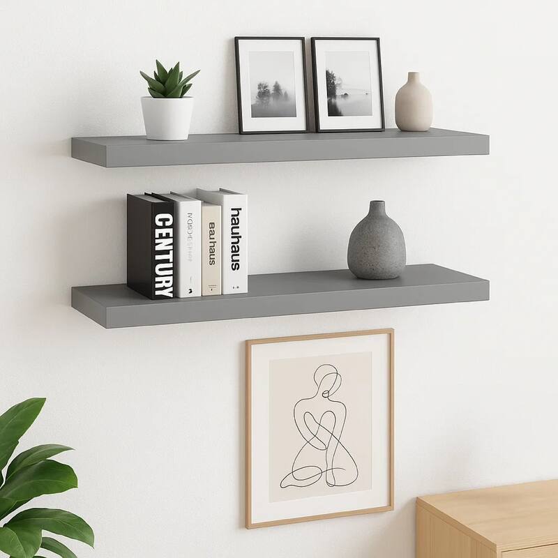 Zyno Wall Shelf Set of 2, Matte Gray MDF Body, Modern Design 32 Inch