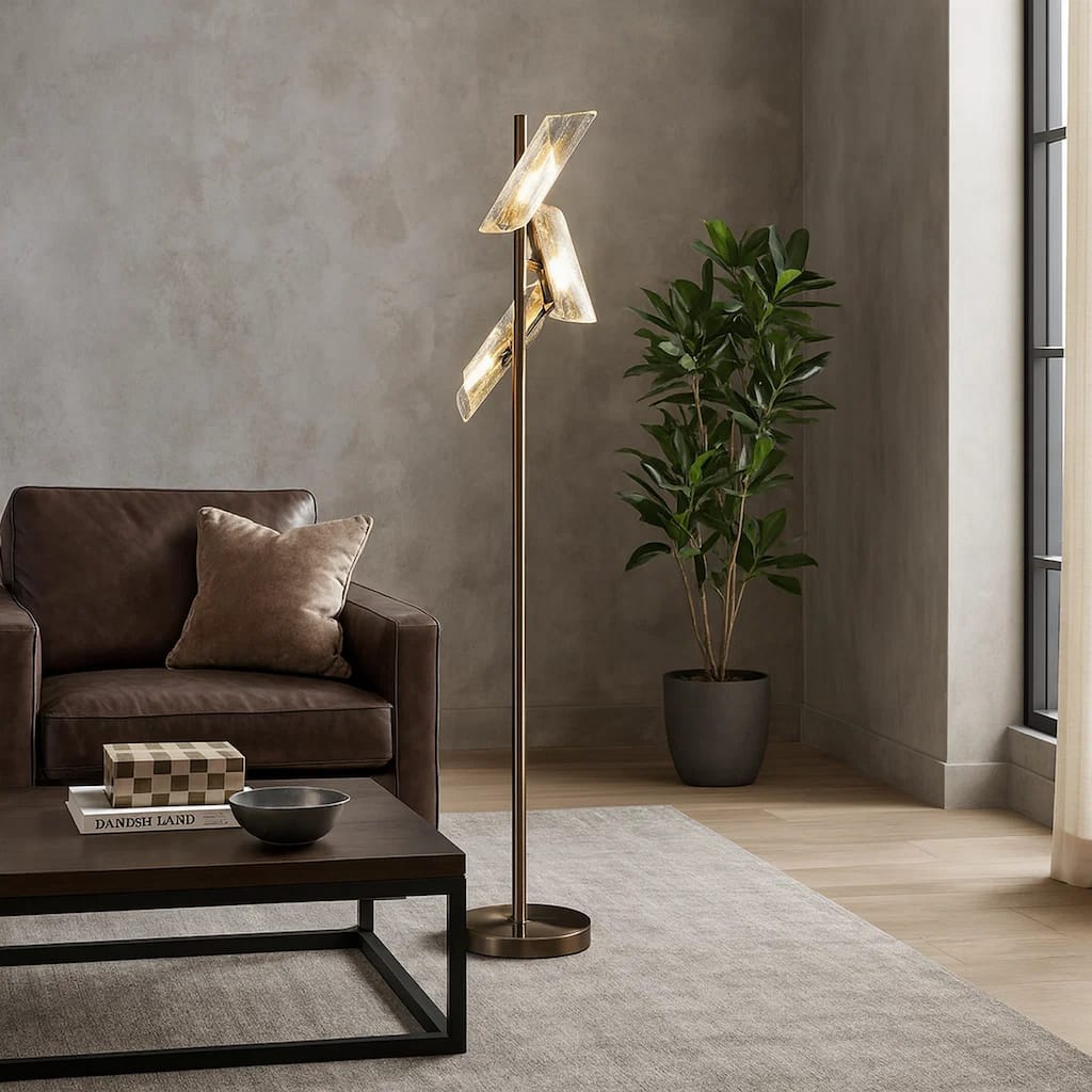 Spark 62 Inch Floor Lamp, 3 Cylindrical Glass Shades, Antique Brass, Gold