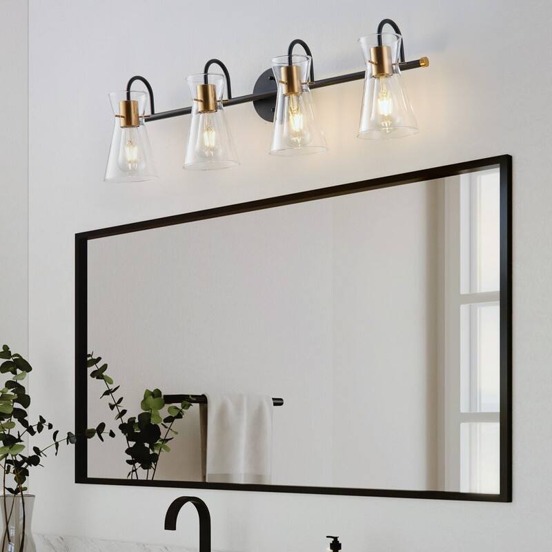 Modern 4-Light Bathroom Vanity Light with Clear Glass Shades, Black and Brass Finish