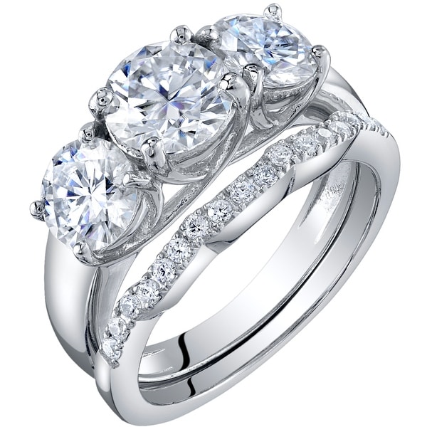 2.75 Carat Moissanite 3-Stone Engagement Ring Wedding Band Bridal Set in Sterling Silver. Opens flyout.