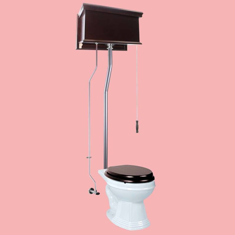 Mahogany Wooden High Tank Toilet Raised Tank, White Round Bowl and Brass L Pipe