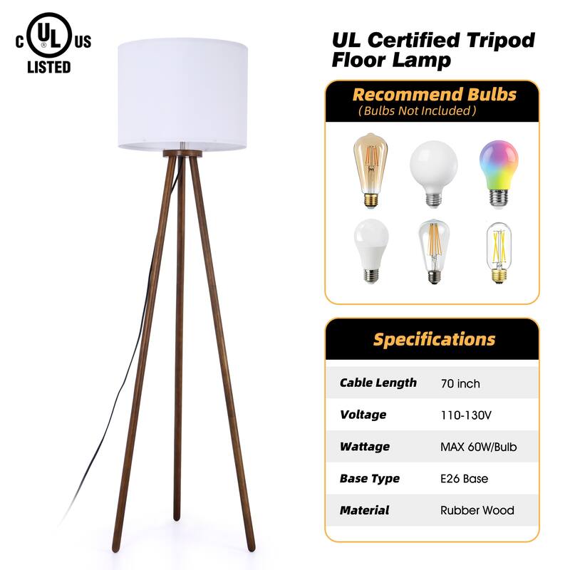 61 in. Traditional Tripod Floor Lamp with Rubberwood Base and Linen Drum Shade for Bedroom, Living Room, Dining Room
