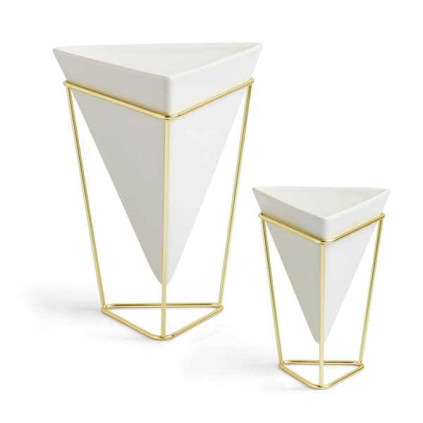 Umbra 1004372 Trigg Two Piece Ceramic Wall Mounted Planter Set with Metal Frame by Moe Takemura - White / Brass