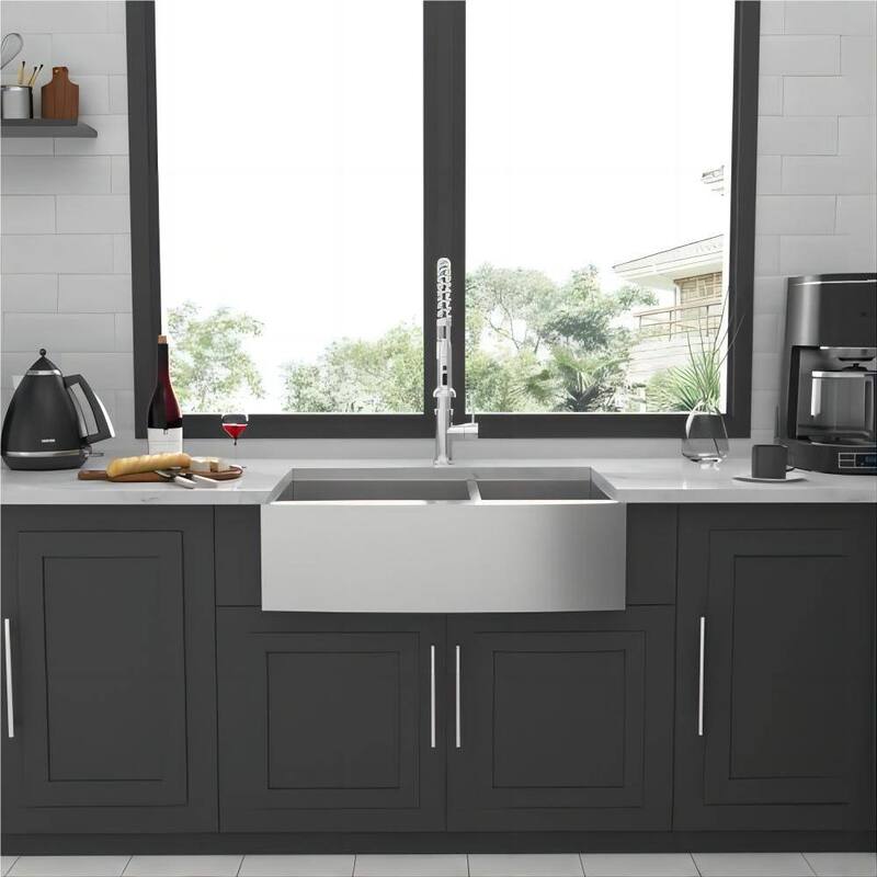 33 in 36 in Double Bowl Farmhouse 18 Gauge Apron Front Kitchen Sink