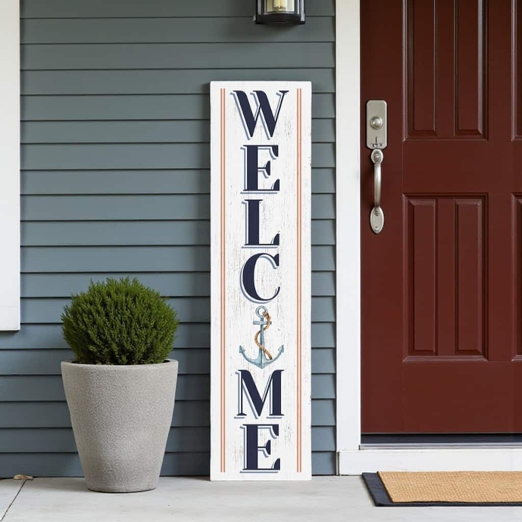 HomeRoots 36" White And Blue Solid Wood Welcome Anchor Porch Sign