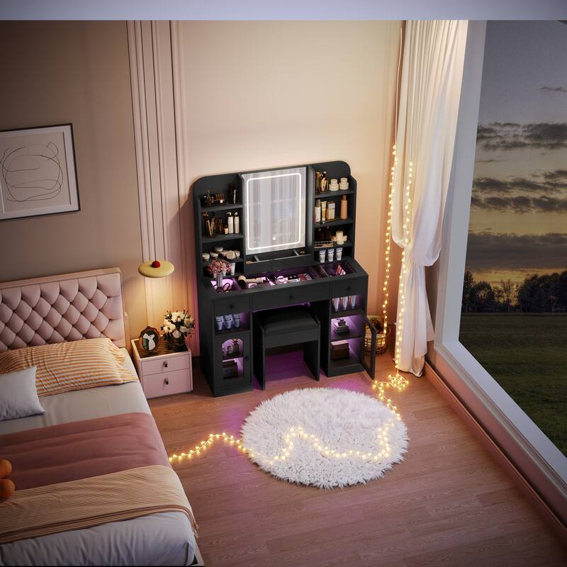 Glass Top Make-up Vanity Set with Stool & Charging Station, LED Makeup Mirror with 3 Lighting Modes