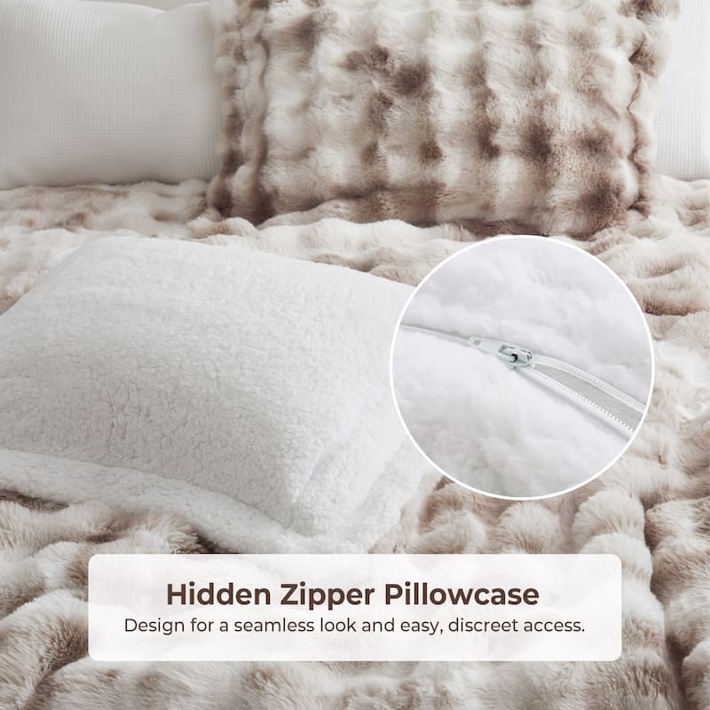 3 Pieces Fluffy Faux Rabbit Fur Comforter Set, Plush Fuzzy Bedding Set for Winter