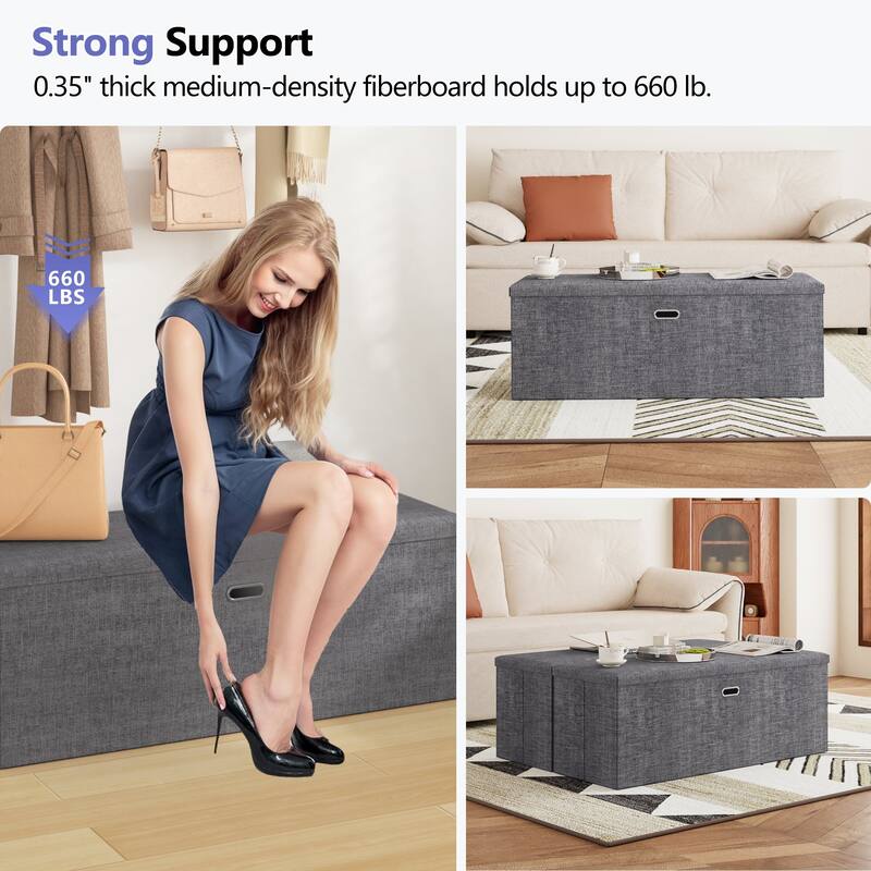 15" Tall Foldable Storage Ottoman Lift-Top Lid & Carry Handle Multi Functional Footrest Shoe Bench Coffee Table for Living Room