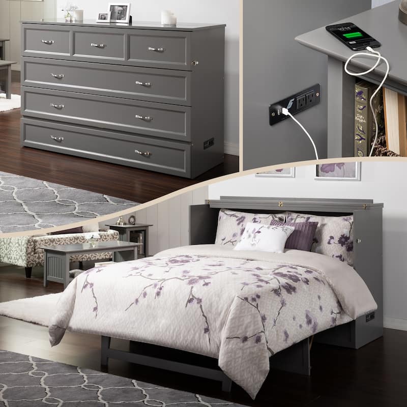 Deerfield Queen Murphy Bed Chest with 6" Mattress, Storage Drawer & Built-In Charger in Grey