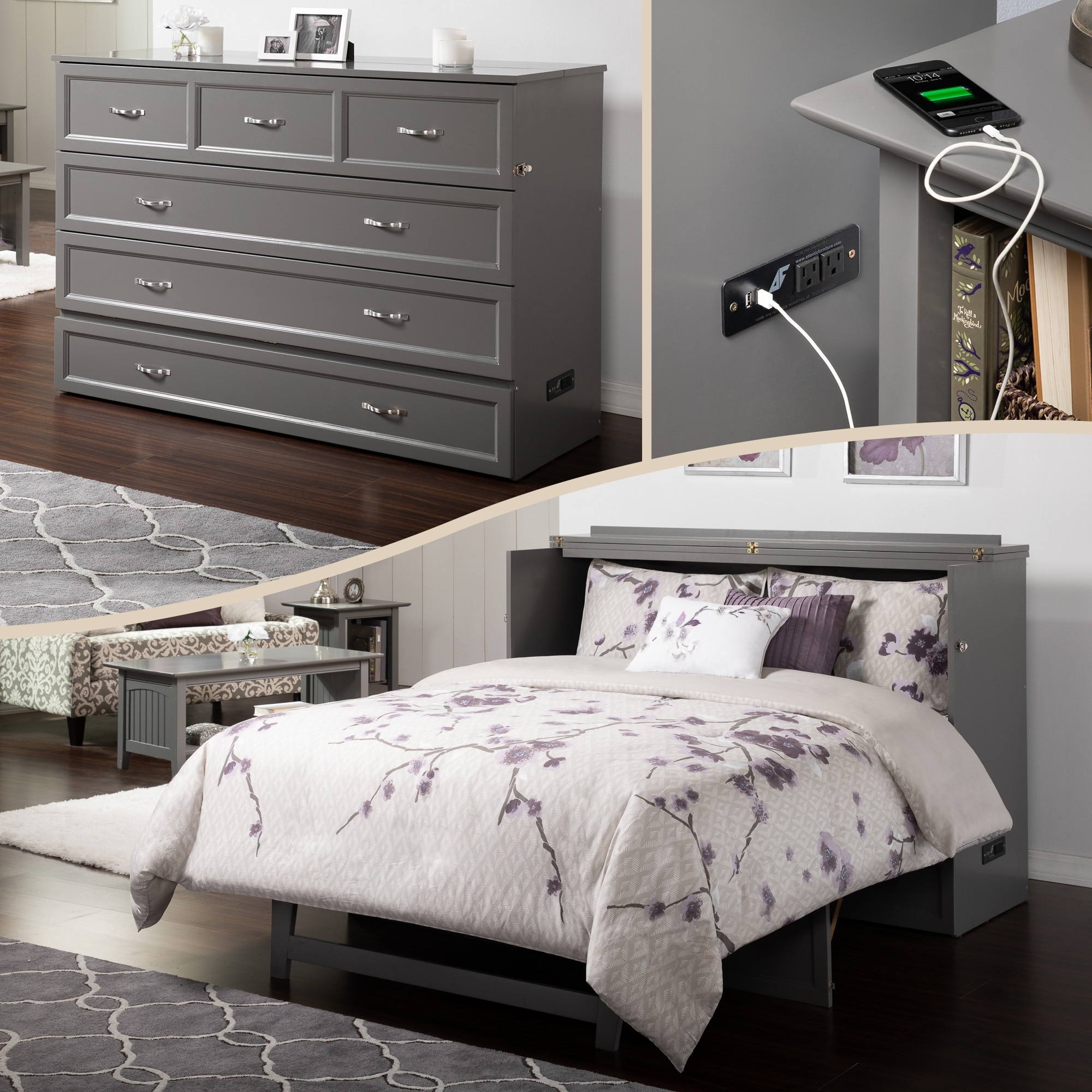 Deerfield Queen Murphy Bed Chest with 6" Mattress, Storage Drawer & Built-In Charger in Grey
