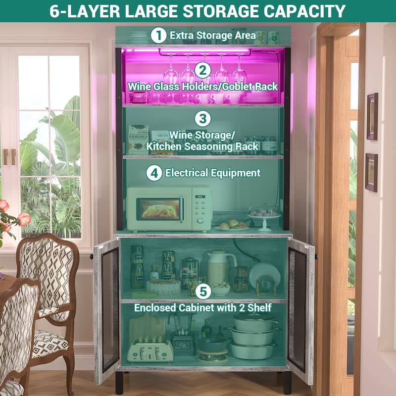 66.9'' Tall Modern Wine Cabinet Bar Cabinet with Wine Glasses Rack and LED Strip and Power Outlets