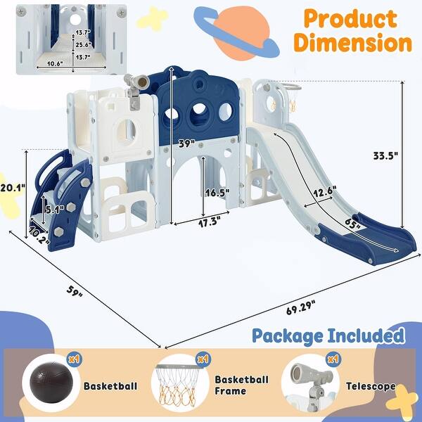 dimension image slide 0 of 3, 7-in-1 Toddler Slide Set - Spaceship Playset with Slide, Arch Tunnel, Basketball Hoop, and Toy Storage