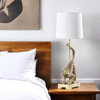 HomeRoots Gold Monkey Table Lamp With White Drum Shade - 9