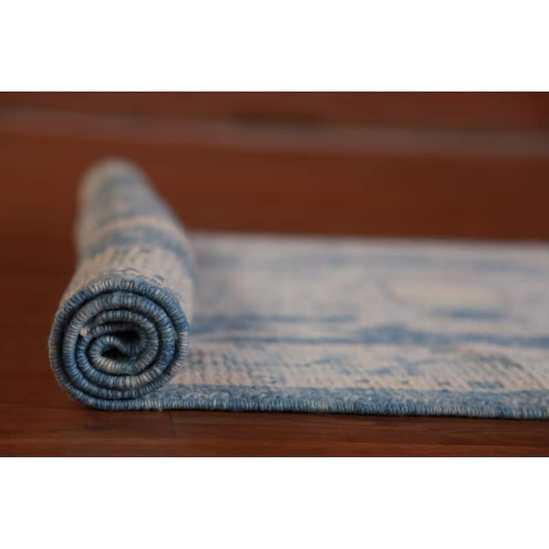Hand Knotted Oriental 100% Wool Carpet Transitional Geometric Navy Blue & Blues Oushak Runner Rug - 15' 2'' X 2' 10''