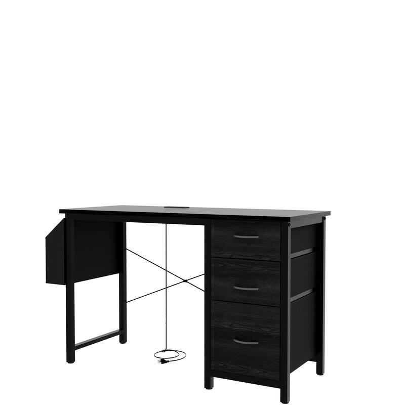 47'' Office Desk, Modern Reversible Study Writing Desk Workstation With Hutch, 3 Drawers, Power Outlets And Side Pockets