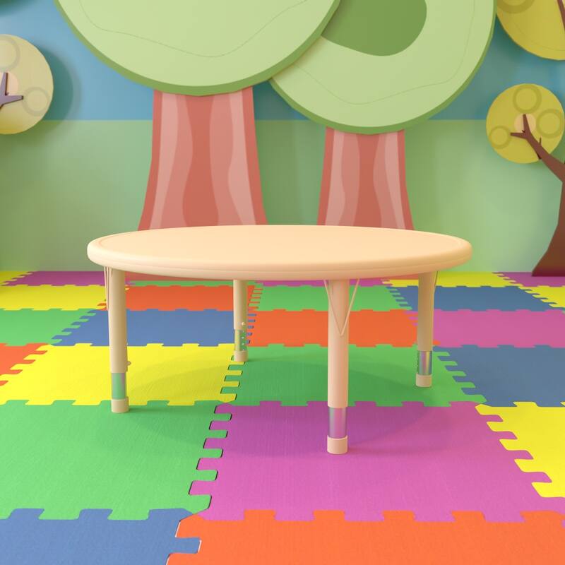 45" Round Plastic Height Adjustable Activity Table for 4 - 45"D x 45"W x 14.5" - 23.75"H - Natural