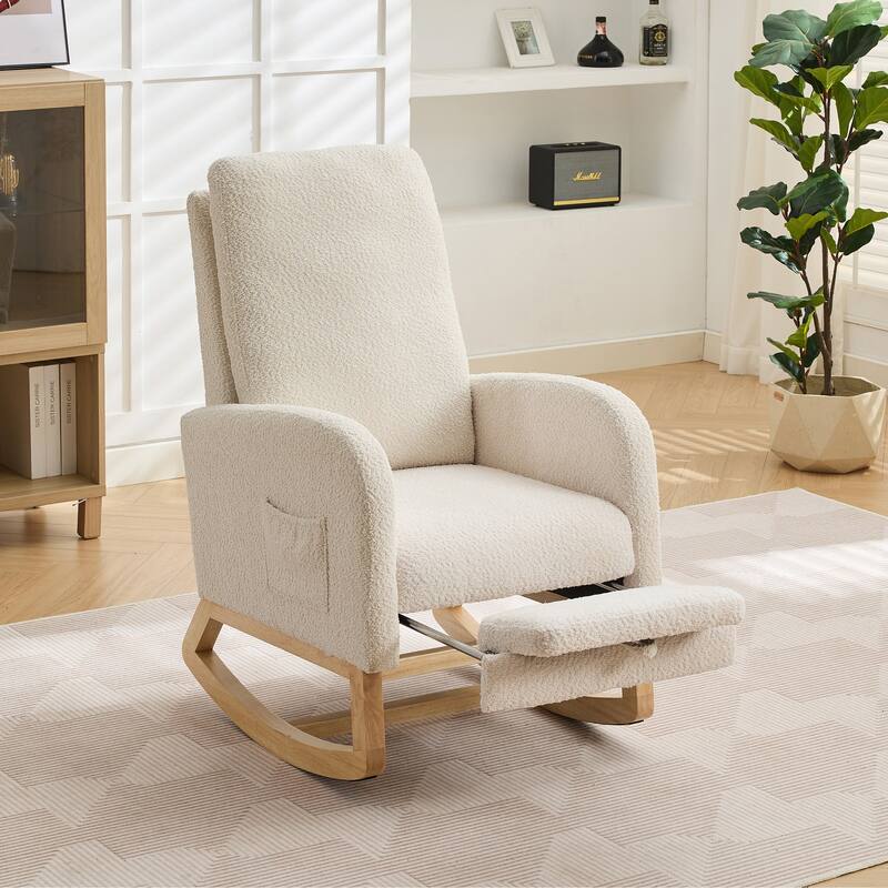 Mid-Century Modern Nursery Rocking Armchair Glider Rocker With Retractable Footrest For Living Room