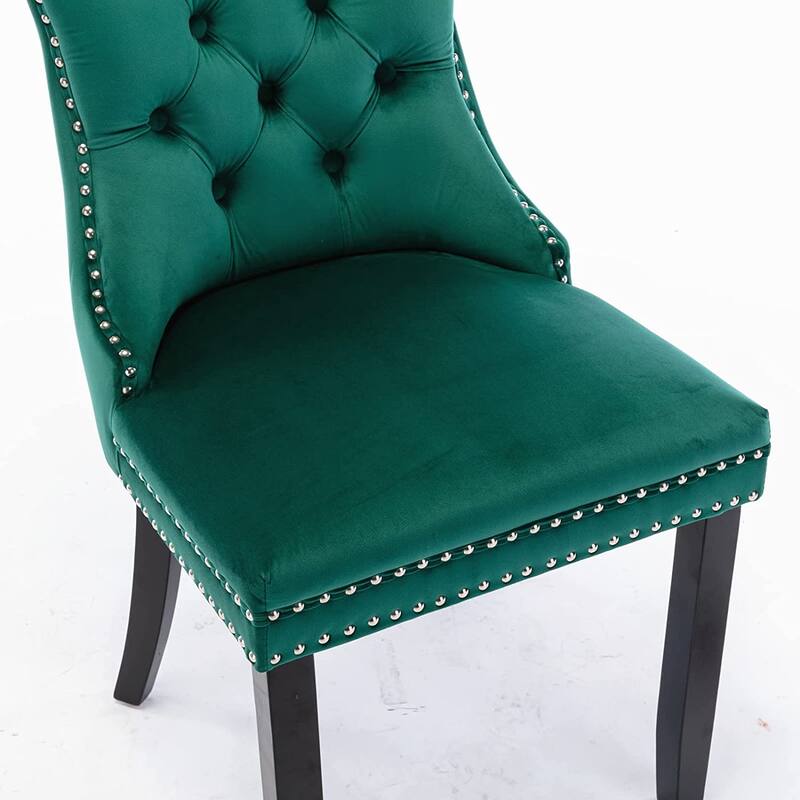 Set of 2 Velvet Dining Chairs – Tufted Upholstered Armless Accent Chairs with Nailhead Trim & Back Ring Pull