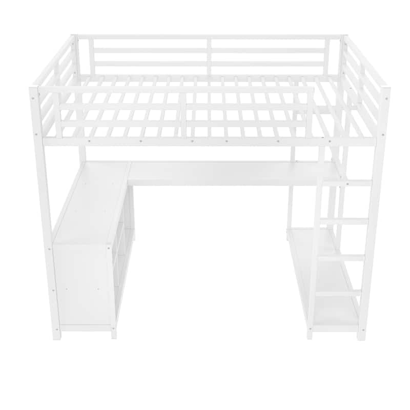 Queen/Full Size Loft Bed with Wardrobe & L-Shaped Desk, Storage Shelves & Cubes for Kids, Teens, Adults
