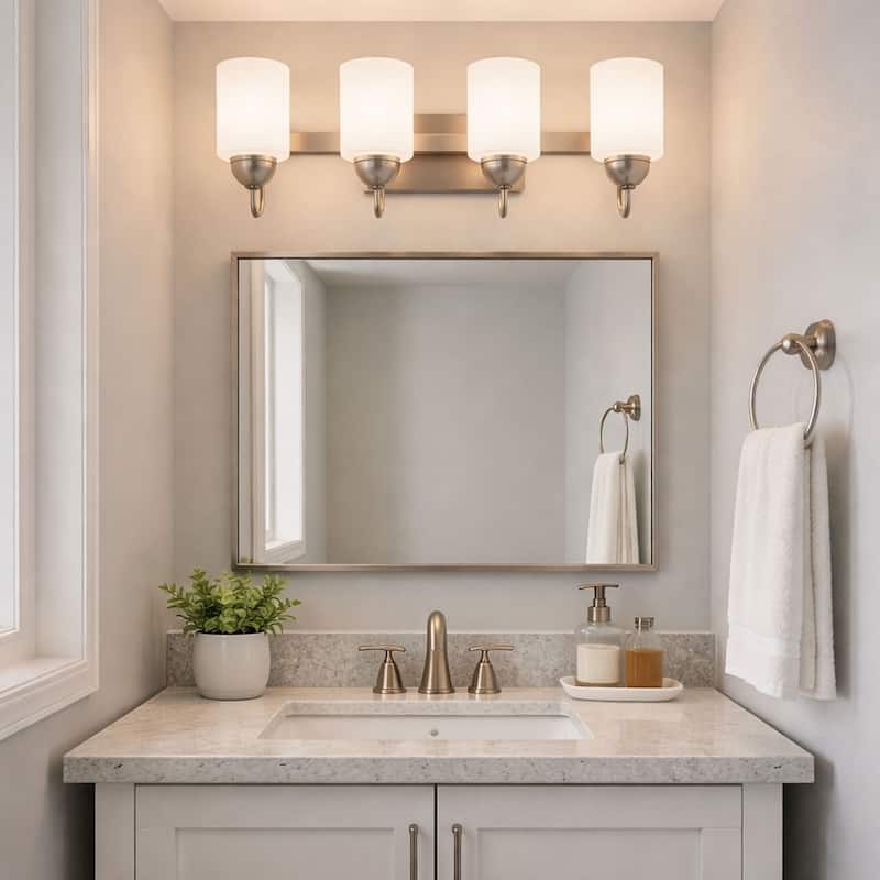 4 Light Vanity Lamp in Brushed Nickel Finish and White Satin Opal Glass - Brushed Nickel Finish