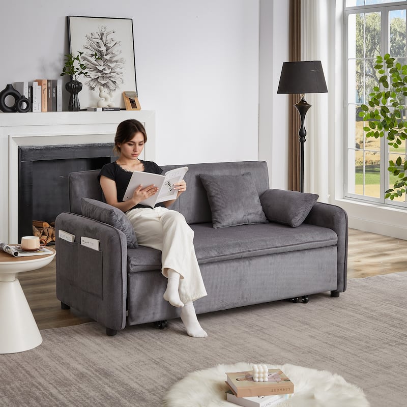3-in-1 Pull Out Sleeper Sofa Bed, Convertible Corduroy Loveseat Couch with Casters, 4 Pillows and Side Pockets for Living Room