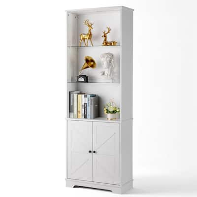 White Wooden Freestanding Open Shelves Storage Cabinet with Glass Doors and RGB LED Lights - 23.62” x 9.25” x 70.9” (L x W x H)