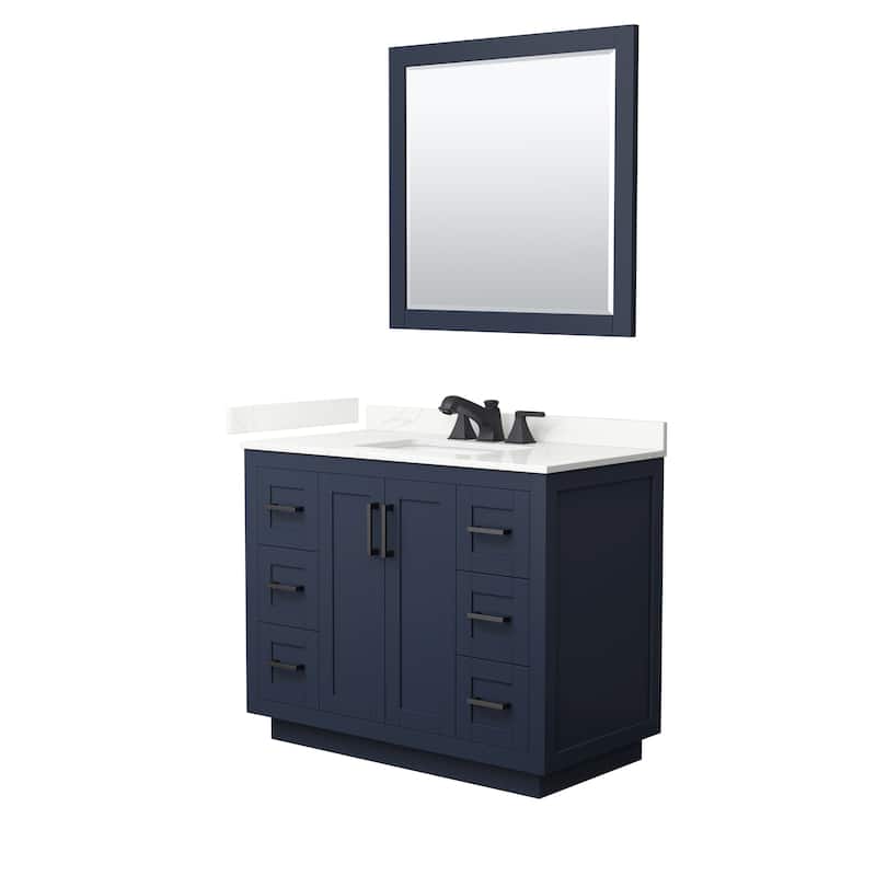 Miranda 42-inch Single Vanity, Quartz Top, 34-inch Mirror - Dark Blue, Black Trim, Giotto Quartz Top