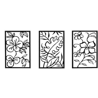 Cinq 3 Piece Set Wall Decor, Floral Hollow Out Abstract Design, Black Rectangular Metal Frame