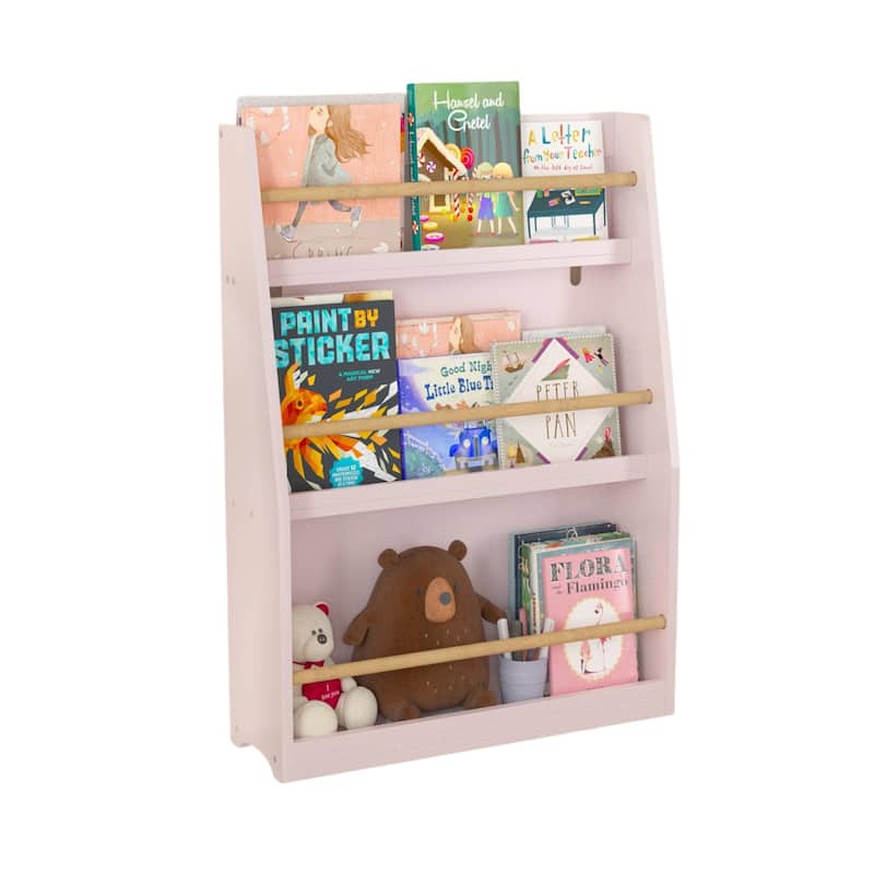 Anmytek 3-Tier Kids Wall Bookshelf with Slanted Front & Guardrails, Pastel Finish Wooden Display for Bedroom
