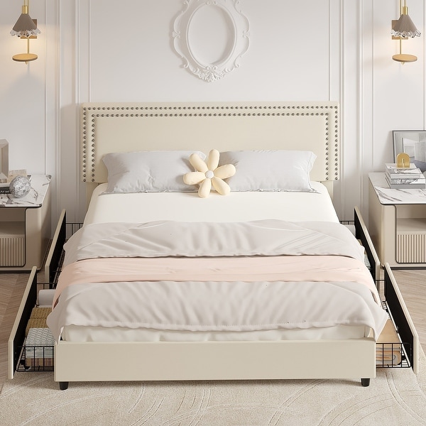 VECELO Upholstered Storage Bed Frames with 4 Storage Drawers