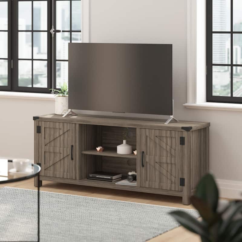 59" Modern Farmhouse Media Console with Barn Doors & Adjustable Shelf - Gray Wash Oak