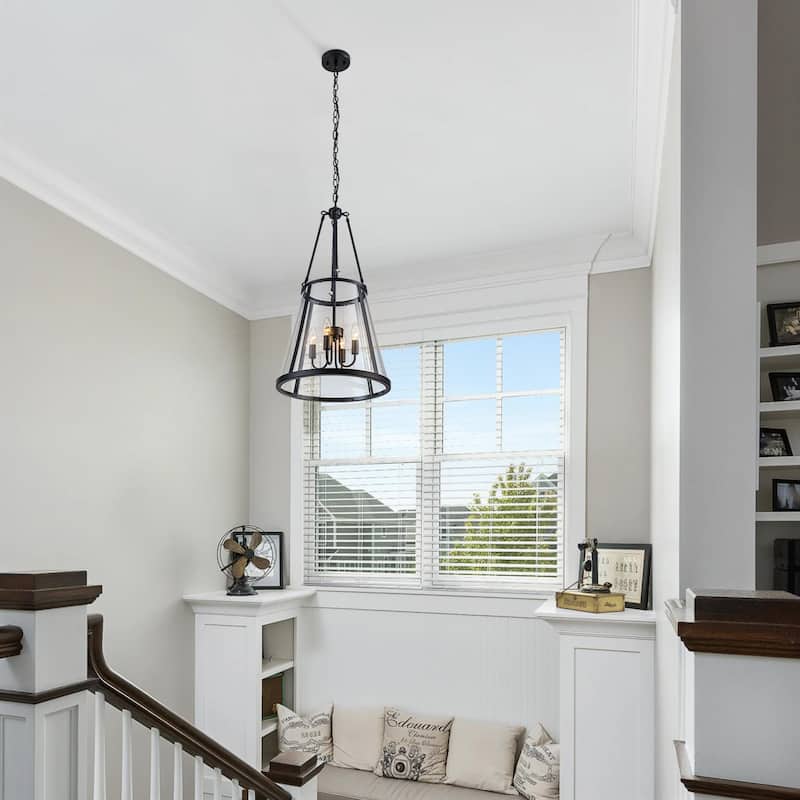 4-Light Black Farmhouse Clear Glass Drum Pendant Light