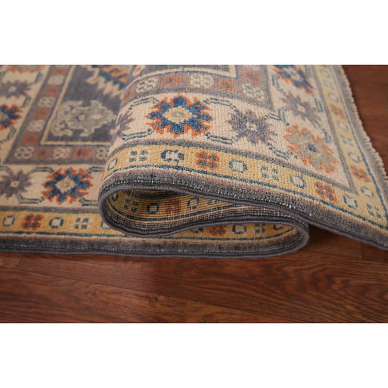 Gray Geometric Kazak Accent Rug Handmade Oriental Wool Carpet - 2'7" x 4'1"