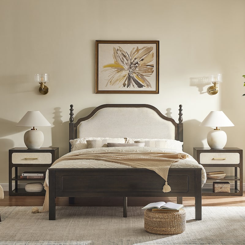 18" Modern Nightstand with Textured Fabric Drawer and 2-Tier Open Shelves