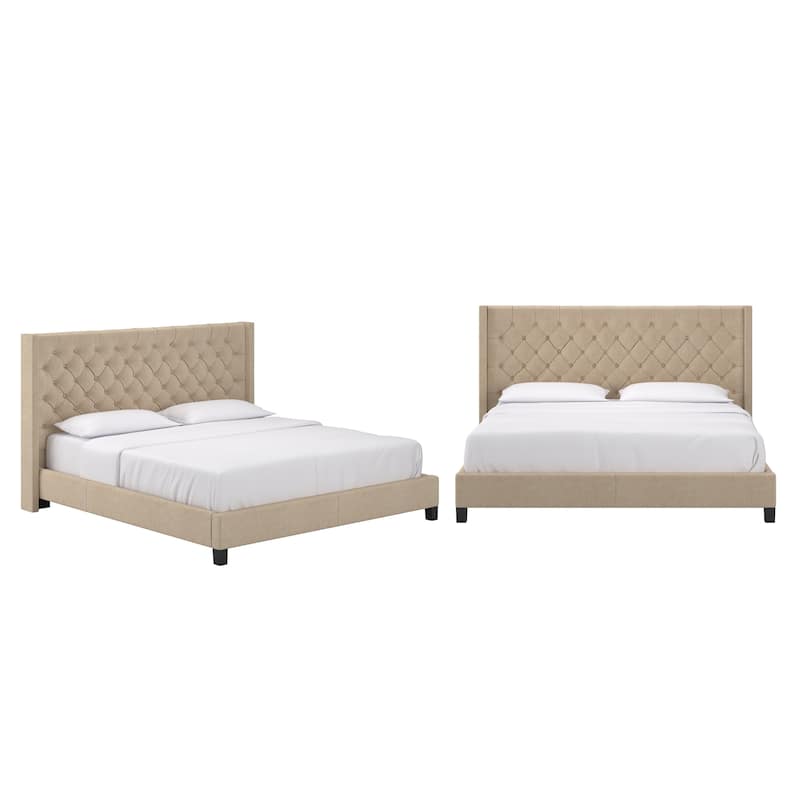 Detmold Wingback Button Tufted King Bed - Platform Bed- Beige Linen