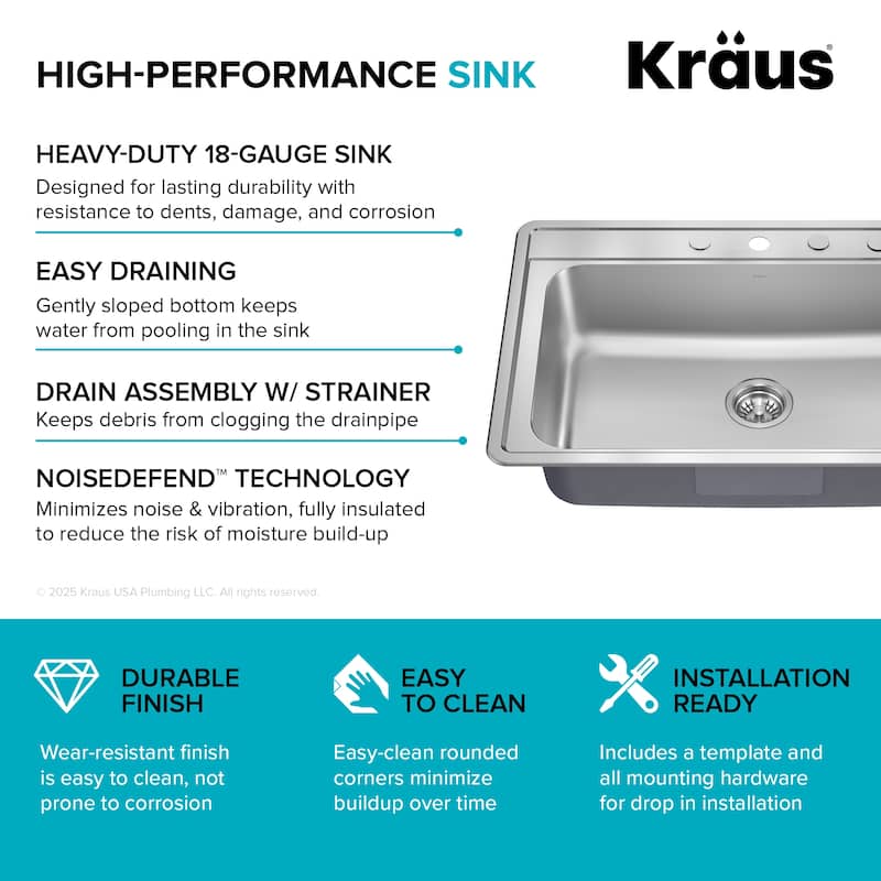 KRAUS Premier Drop In Top Mount 18 gauge Stainless Steel Kitchen Sink