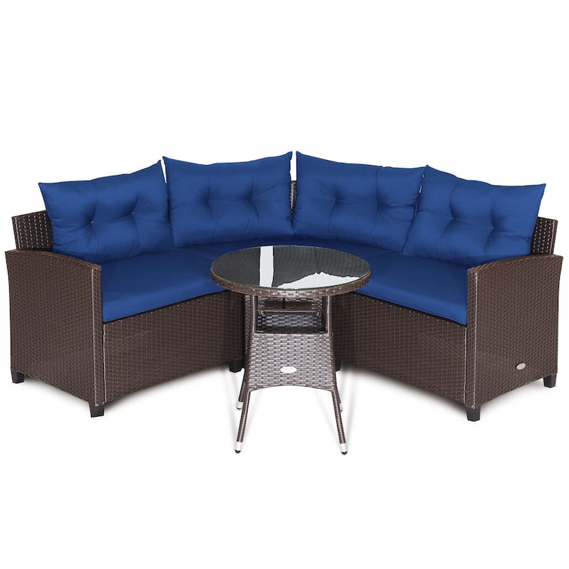 4 Pieces Patio Rattan Furniture Set Cushioned Sofa Glass Table - 49.5" x 23" x 29" - Navy
