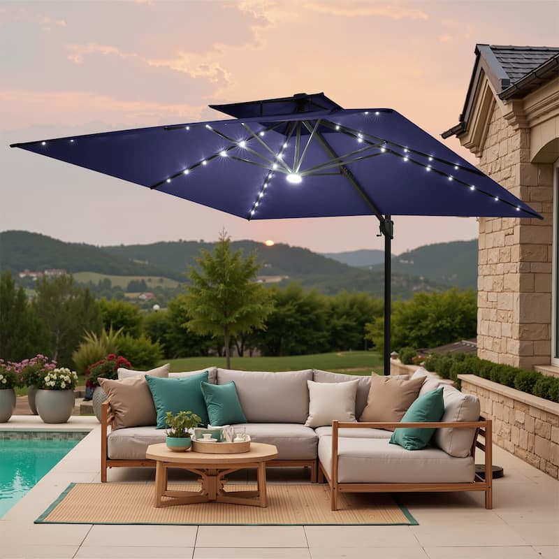 11 FT Outdoor Solar Powered LED Patio Cantilever Umbrella Double Top Square Umbrella - Navy Blue