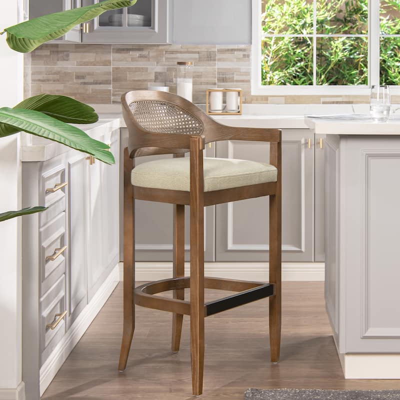 Americana Mid-Century Modern Rattan Cane Back Counter and Bar Stool - Single - Taupe Beige Textured Weave - Bar Height