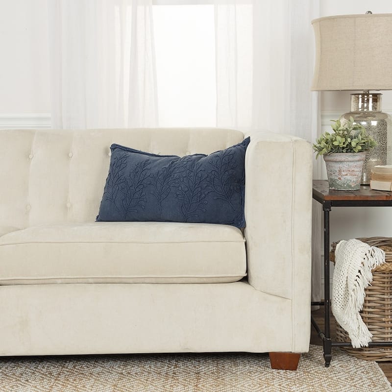 Navy Botanical Pattern Embroidered Lumbar Pillow