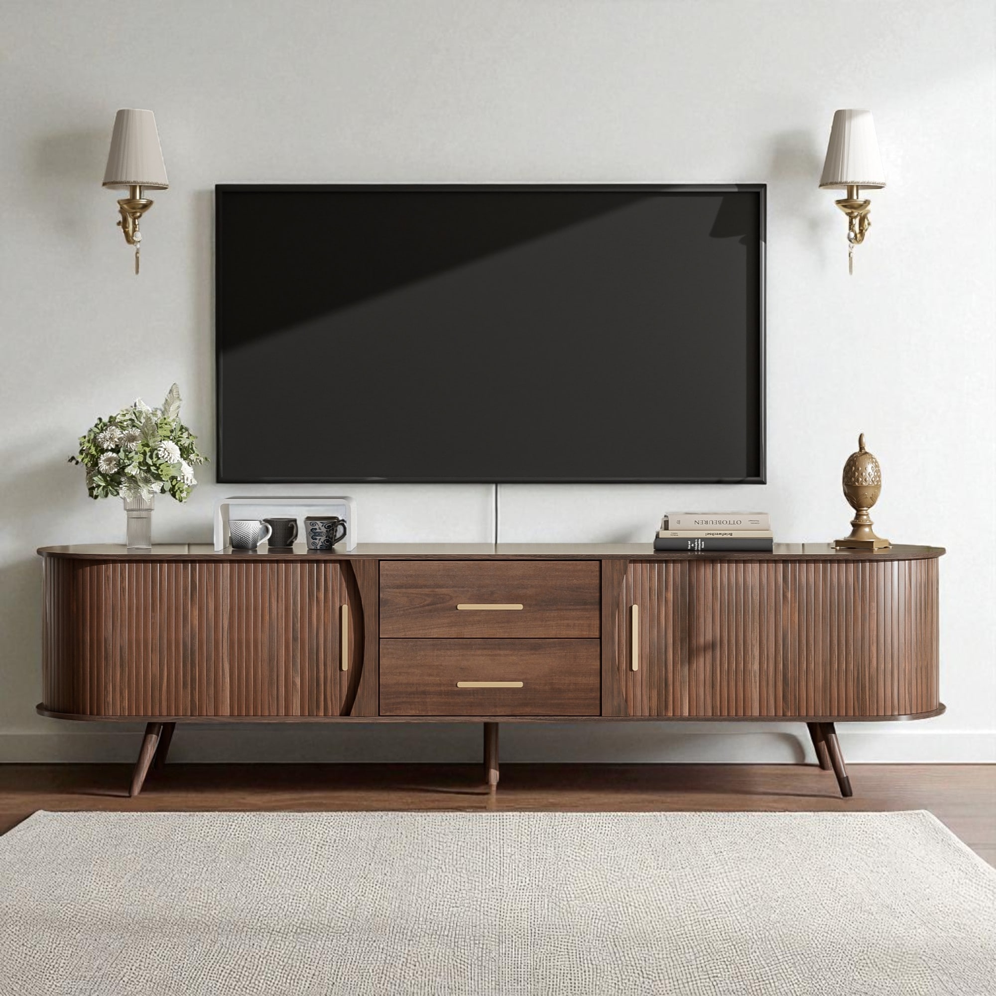 Mid Century 70" TV Stand for 80 Inch TVs, Entertainment Console with 2 Drawers and Sliding Doors, Wood Media Cabinet