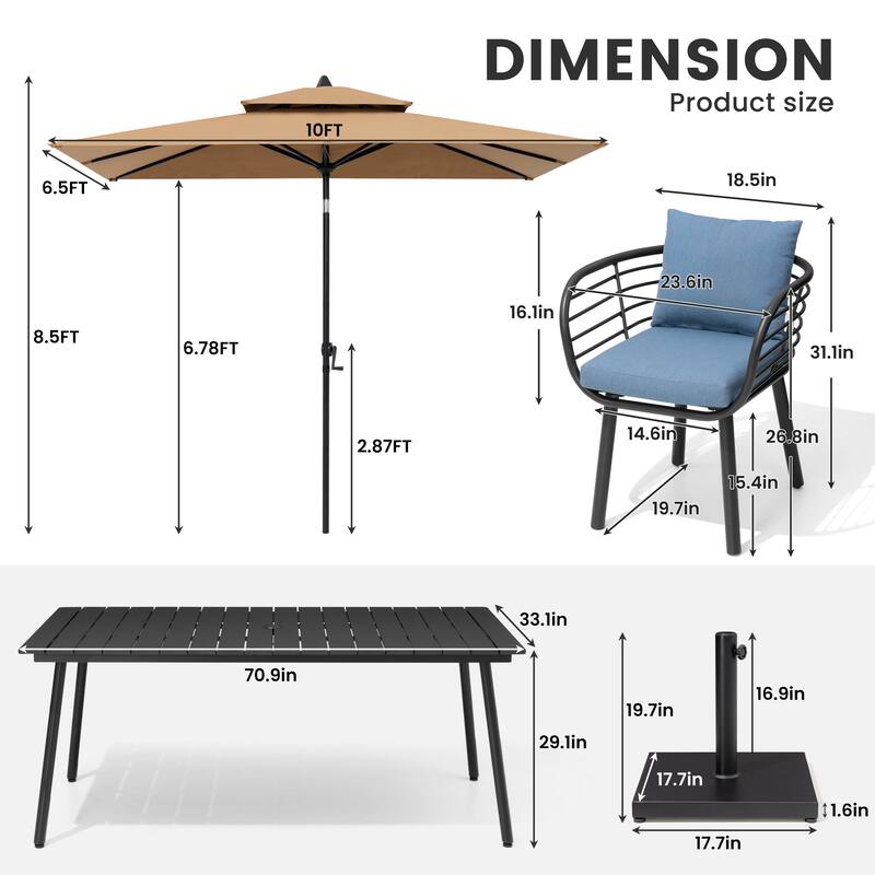 9/11-PieceOutdoor Patio Dining Set with Sunbrella Cushions Aluminum Dining Table and Chairs w/10 ft Umbrella and Base