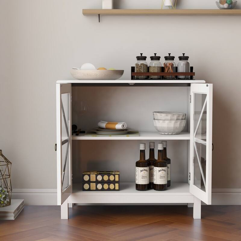 Retro Style Wood Storage Cabinet with Glass Doors For Kitchen or Living Room Use