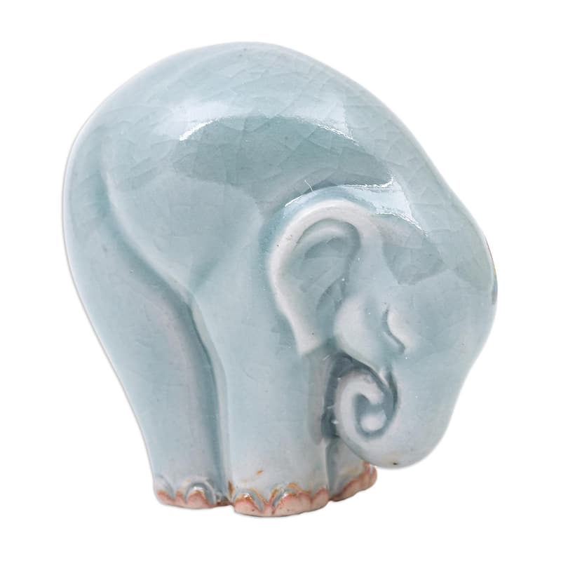 Novica Handmade Elephant Forward Bend Celadon Ceramic Figurine
