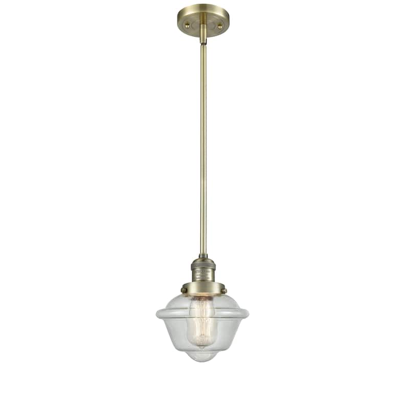 Innovations Lighting Franklin Restoration Oxford - 1 Light 8" Stem Hung Mini Pendant - Antique Brass/Seedy