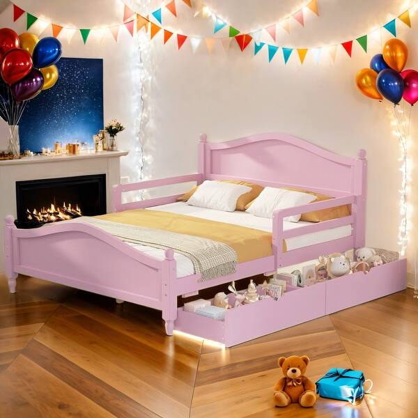 slide 2 of 13, Kid Bed Frame Full Size Platform Bed with Guardrails and Two Drawers Pink